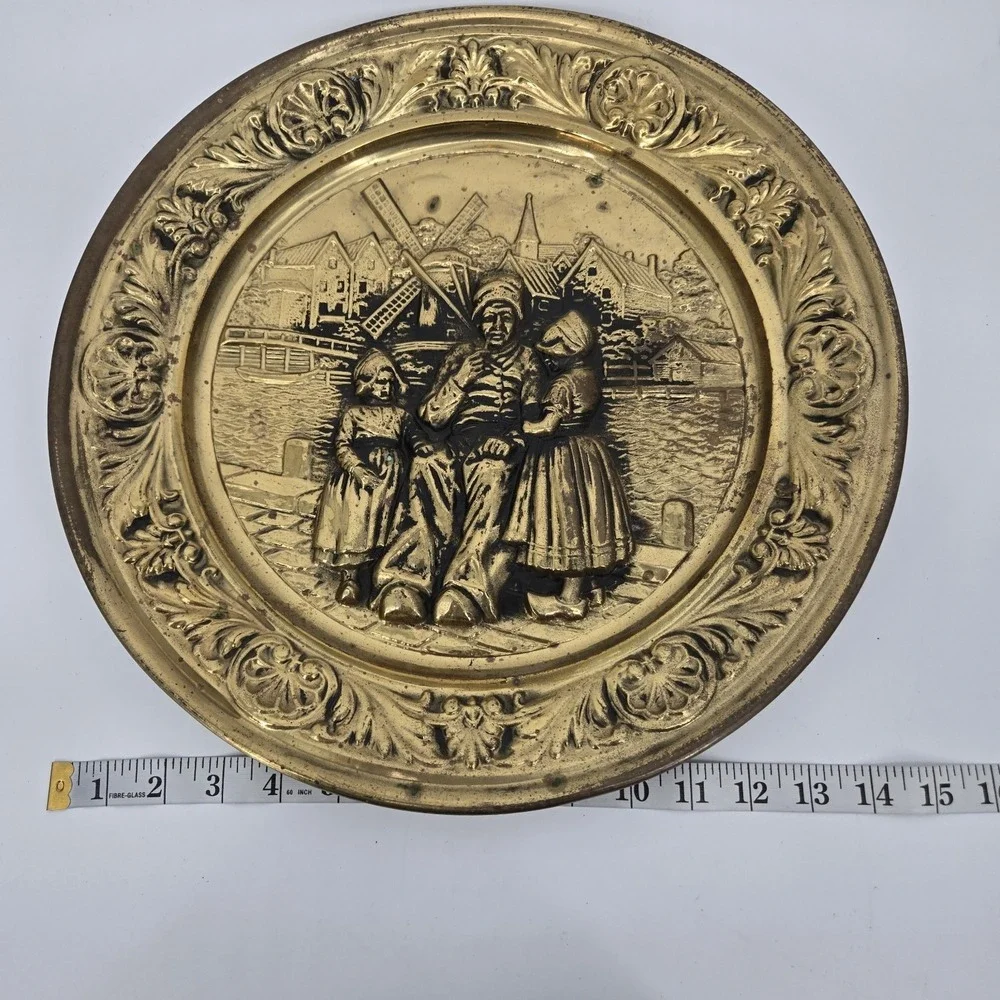 Vintage Lombard England‎ Brass Wall Plaque Dutch Windmill Scene Embossed 15